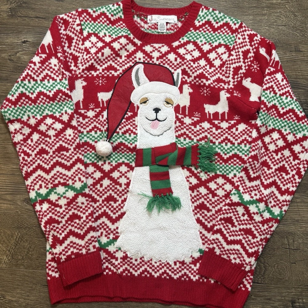 Jolly Sweaters Llama Christmas Sweater Men's M Red &‎ White Embroidered Pullover